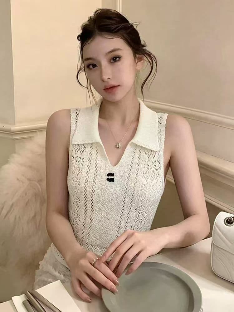 2026 한 부서 복숭아 분말 홀로우 아웃 POLO 칼라 니트 조끼 슈퍼 잘 생긴 부드러운 바람 연령 감소 민소매 맨위 여성 이미지 3