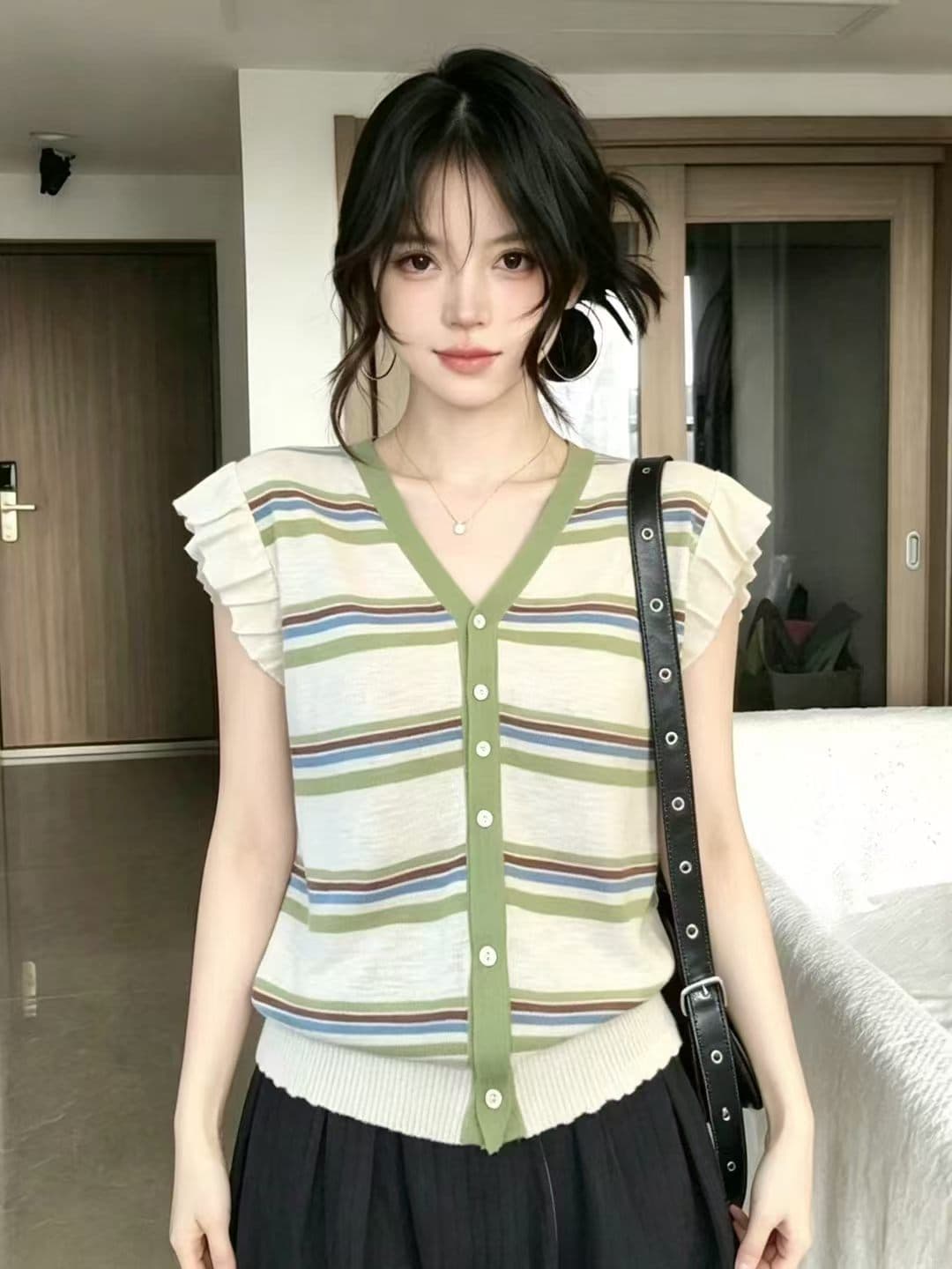 한 부서 도파민 배색 스트라이프 V넥 Feifei 소매 짠 셔츠 여성 고유 한 2026 여름 다용도 아름다운 맨위 이미지 2