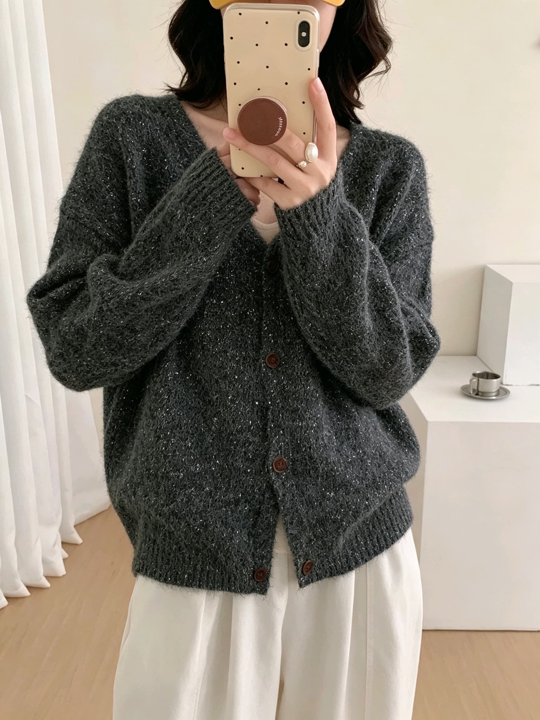 한 부서 새로운 아름다움 라드. 커피 색상 V넥 양모 니트 여성 코트 겨울 보온 루즈핏 긴팔 오픈 가디건 맨위 상세 이미지 8