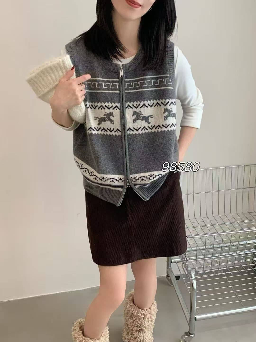 레트로 작은 말 자카드 니트 지퍼 오픈 가디건 조끼 여자 봄 가을 라운드 넥 느긋한 바람 루즈핏 스택 착용 어깨 조끼 상세 이미지 4