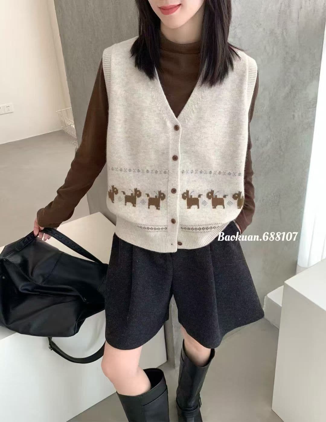 한 부서 품격 훌륭함 에디션 만화 원 작은 말 자카드 V넥 니트 오픈 가디건 조끼 여자 다용도 스택 착용 조끼 겨울