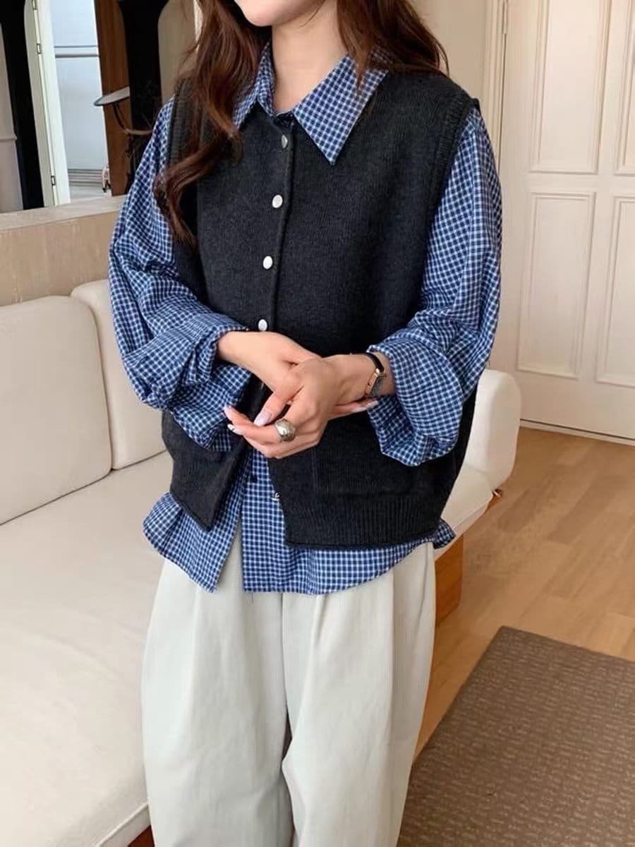 한 부서 볼륨 측면 라운드 넥 배색 금속 버클 민소매 두꺼운 오픈 가디건 조끼 베스트 가을 겨울 한국 스타일 학원 스타일 조끼 상세 이미지 4