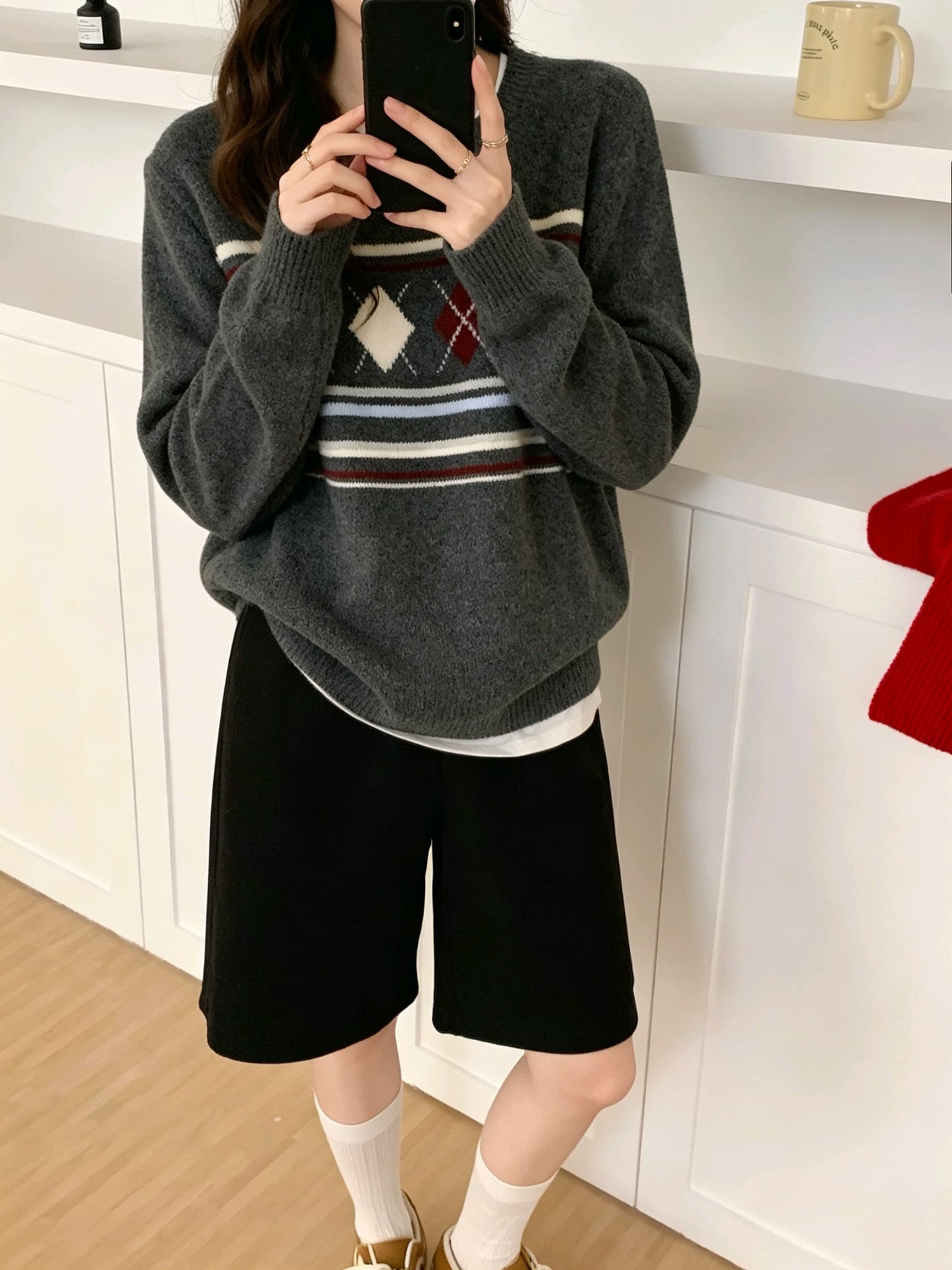 다이아몬드 모양 체크무늬 맨위 만나는 니트 스웨터 인사이드 가져 가라. 외출용 느긋한 바람 풀오버 스웨터 여자 가을 겨울철 2026 새로운 상세 이미지 6