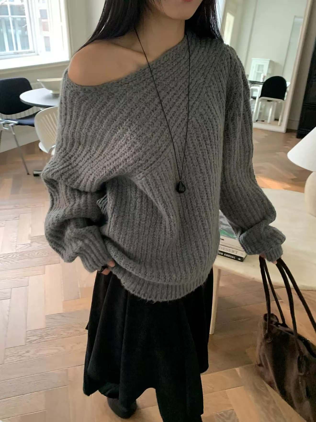 한국 동대문 구매 불규칙 두꺼운 바늘 구덩이 기사 루즈핏 오프숄더 풀오버 상세 이미지 4