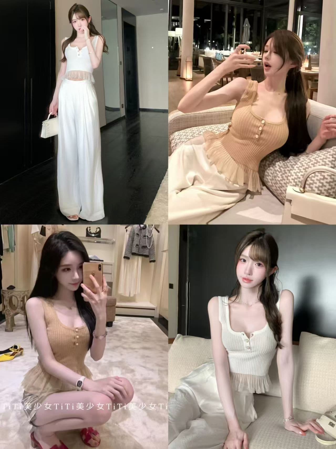 2026 아름다운 소녀 니트 망사 패치워크 캐미솔 여름 프랑스식 프릴 고급 센스 살구 색상 맨위 상세 이미지 1