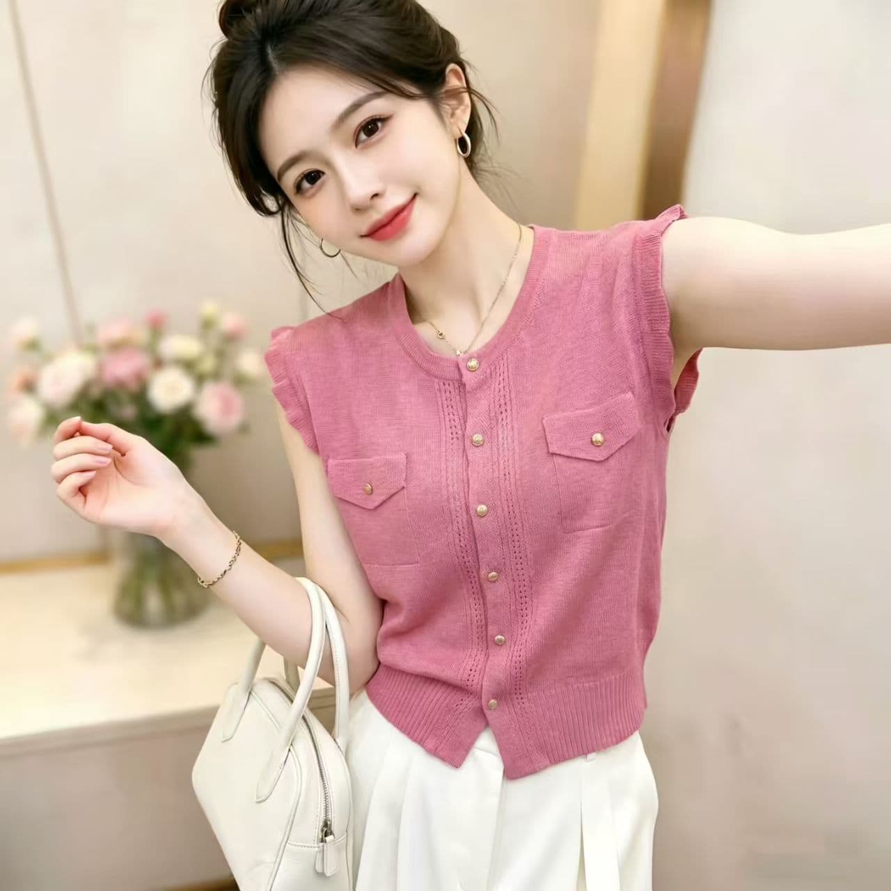 여름 새로운 프릴 작은 날다 소매 싱글 줄 버튼 얇은 스타일 맨위 홀로우 아웃 라운드 넥 품격 다용도 니트 스웨터 오픈 가디건 상세 이미지 5