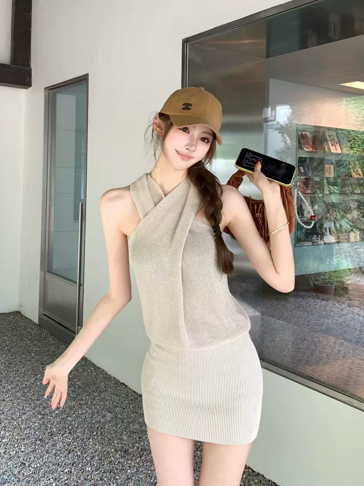 2026 새로운 규제 전후 십자가 행침 목 민소매 니트 타이트 스커트 드레스 슬림해 보이는 짧은 치마 상세 이미지 3