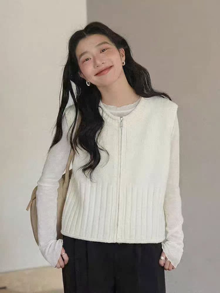 파란색 니트 지퍼 베스트 조끼 여성 2026 이른 가을 새로운 자이언트 잘 생긴 스택 착용 조끼 한 부서 외출용 맨위 이미지 3