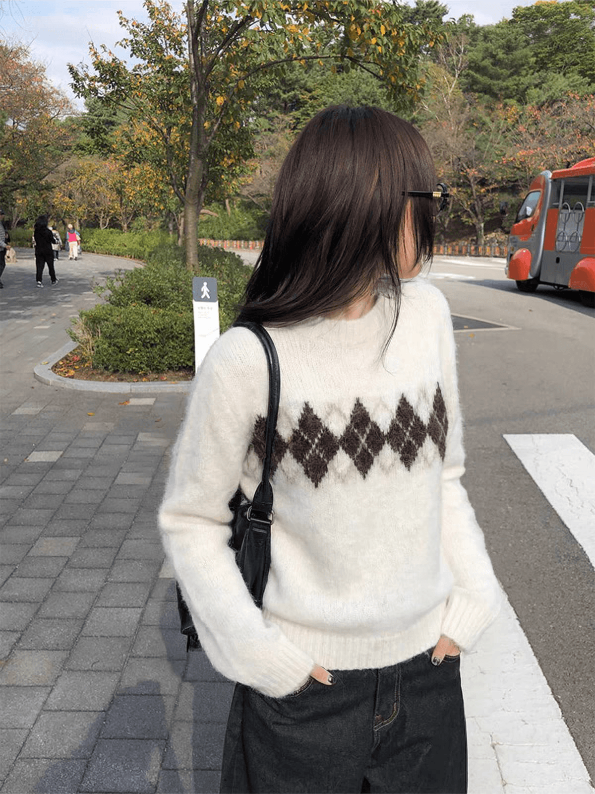 hhyii 소나무 차 코코아 레트로 링 그리드 라운드 넥 풀오버 스웨터 여자 가을 겨울 디자인 센스 슬림해 보이는 니트 맨위 이미지 4