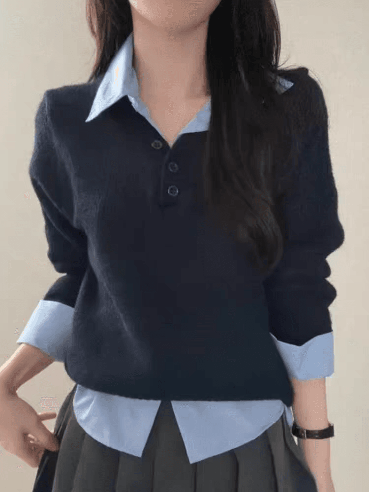 이른 가을 페이크 레이어드 POLO 칼라 학원 스타일 연령 감소 스웨터 여성 의류 한 부서 루즈핏 니트 스웨터 프랑스식 Chic 맨위 이미지 2