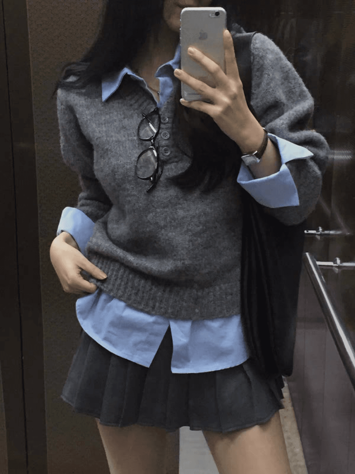 이른 가을 페이크 레이어드 POLO 칼라 학원 스타일 연령 감소 스웨터 여성 의류 한 부서 루즈핏 니트 스웨터 프랑스식 Chic 맨위 상세 이미지 1
