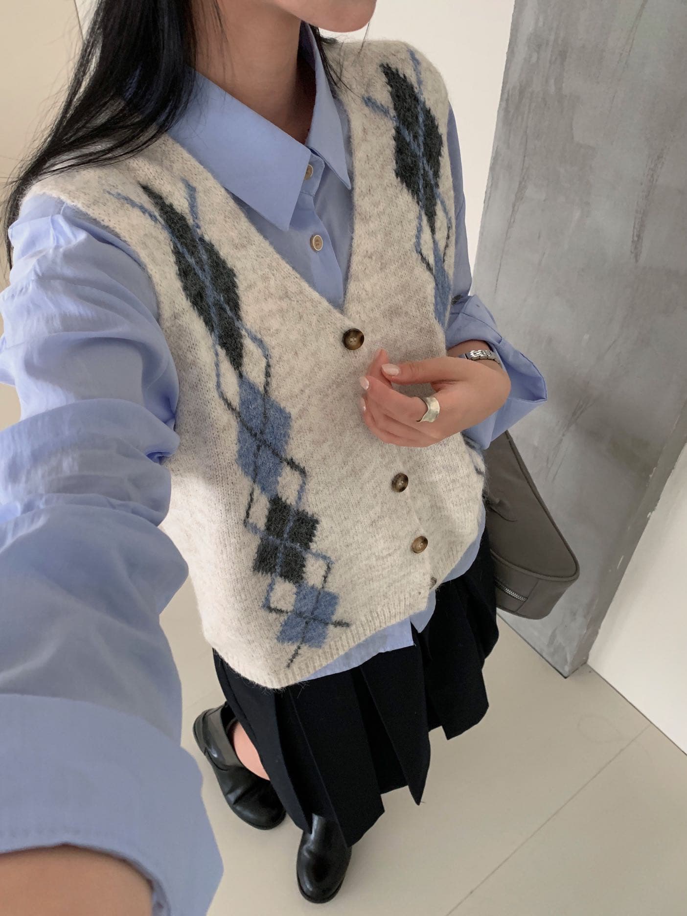 한 부서 느긋한 바람 배색 링 그리드 V넥 베스트 니트 조끼 여성 가을 겨울 루즈핏 스택 착용 스웨터 민소매 맨위