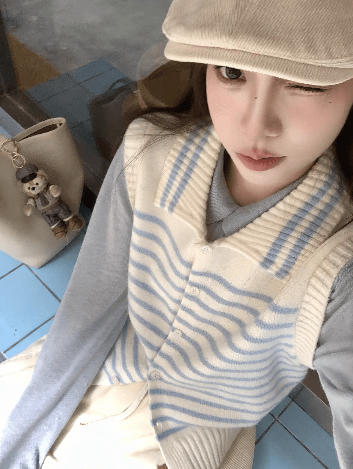 ff blue 화이트 연인 바다 소금 우유 블루 저항 올린 사람 : 공 양 플러시 스트라이프 폴로 칼라 베스트 조끼 니트 티셔츠 이미지 2