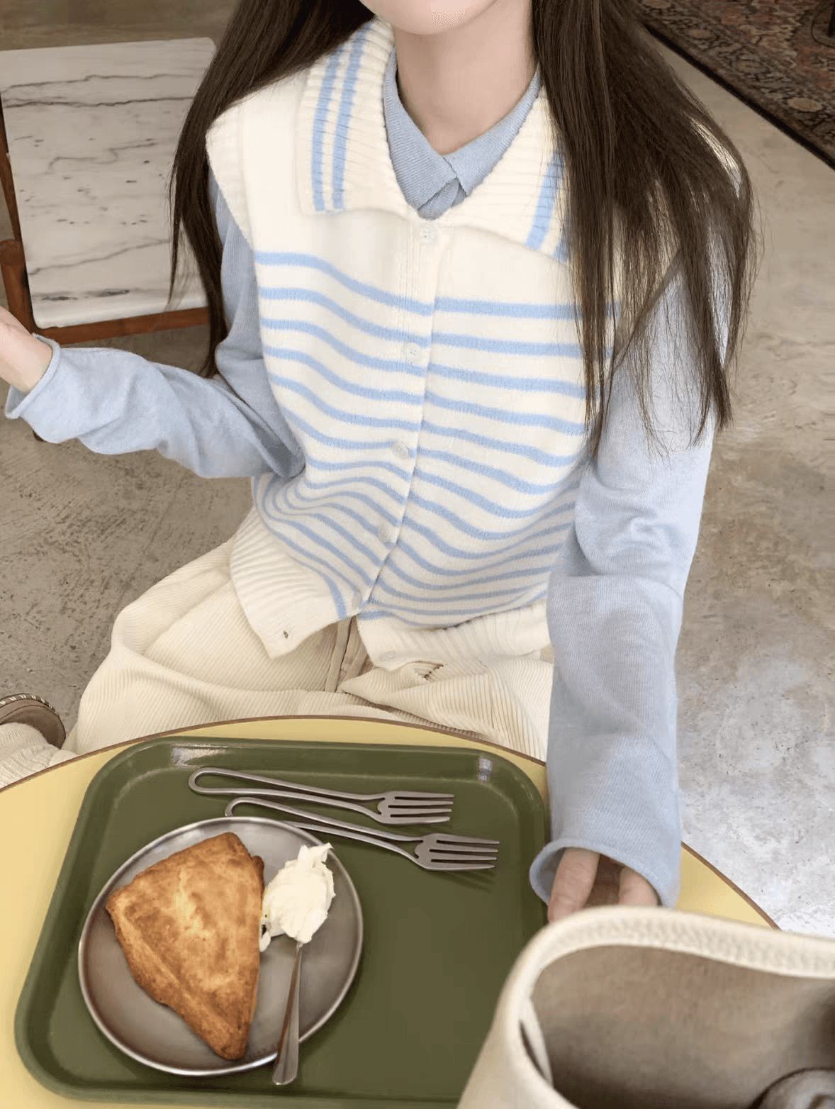 ff blue 화이트 연인 바다 소금 우유 블루 저항 올린 사람 : 공 양 플러시 스트라이프 폴로 칼라 베스트 조끼 니트 티셔츠 상세 이미지 3