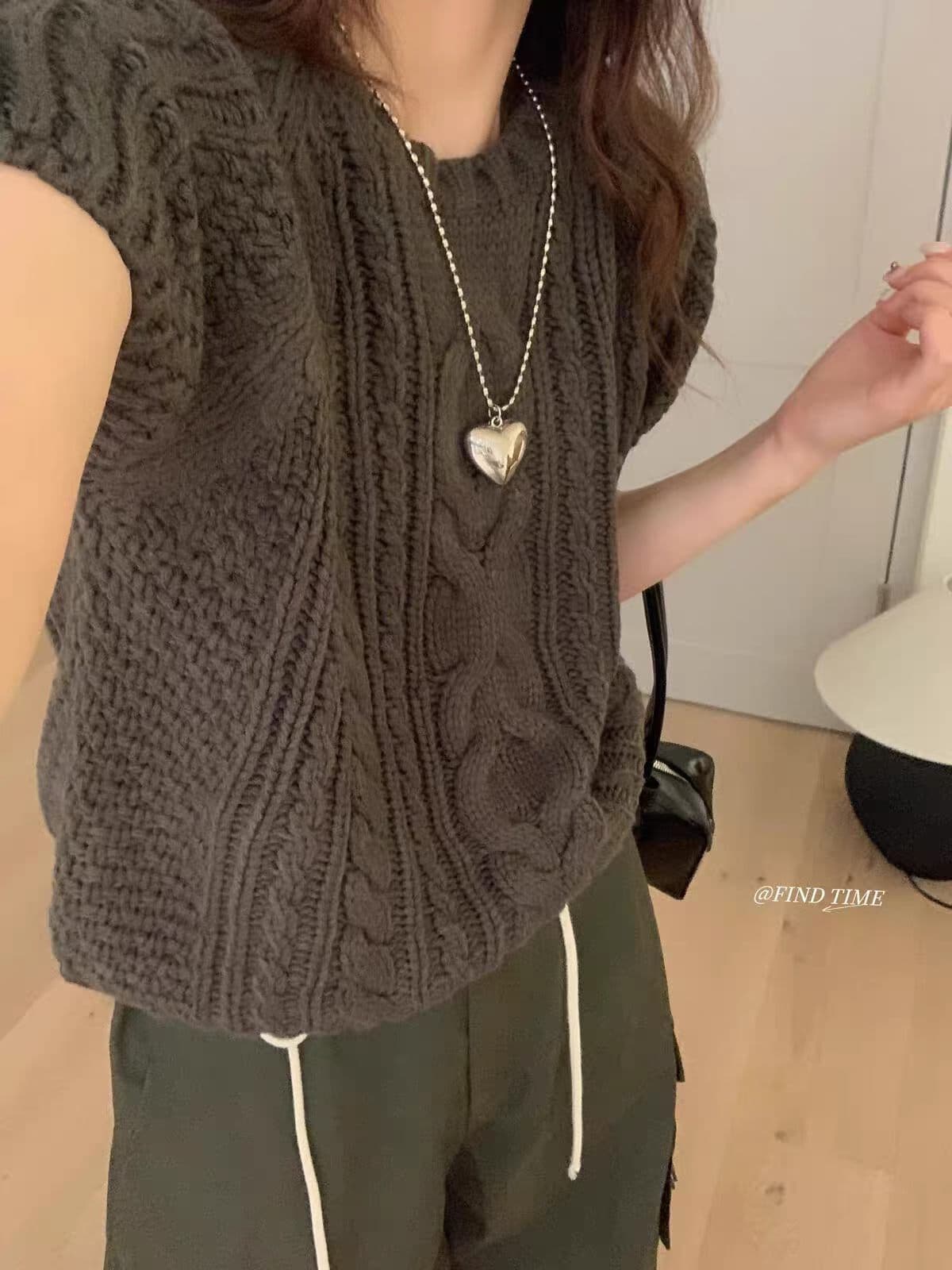 한 부서 작은 대중 레트로 마 무늬 반팔 니트 베스트 조끼 여성 이른 가을 새로운 루즈핏 스택 착용 스웨터 맨위 상세 이미지 11