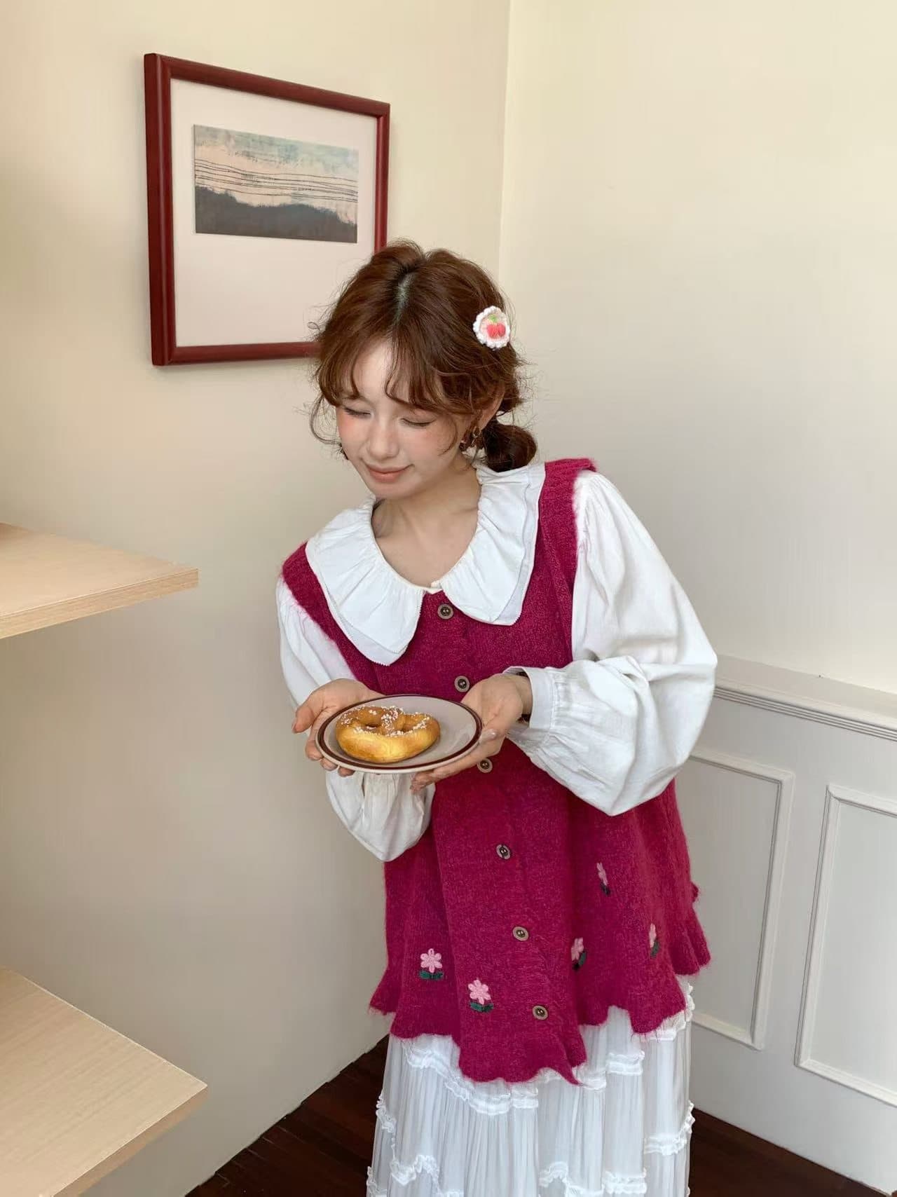 센 부서 레트로 니트 조끼 여자 자수 다용도 스웨터 라운드 넥 카디건 코트 맨위 여성 의류 디자인 센스 조끼 상세 이미지 2