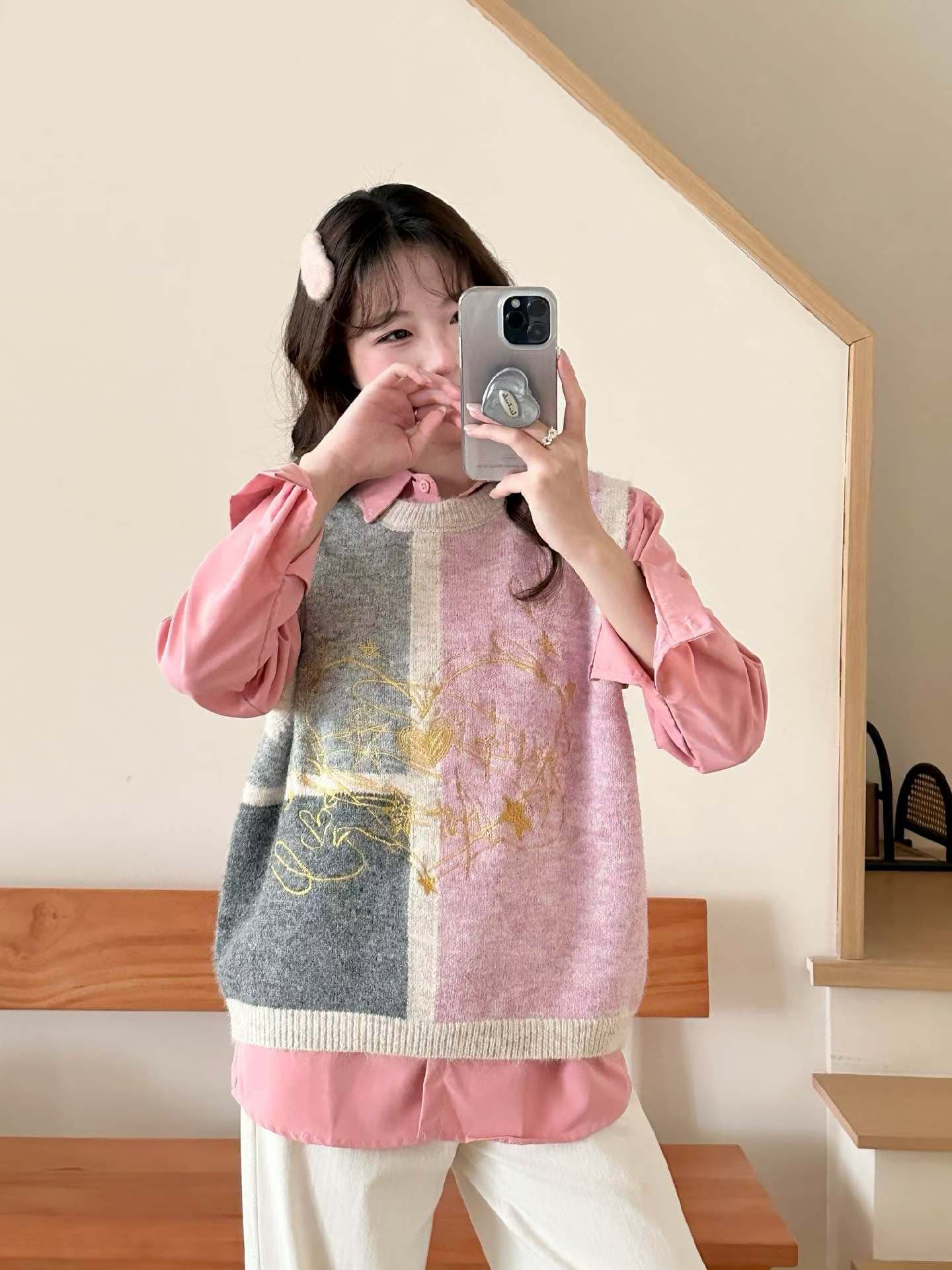 자이언트 잘 생긴 ~ 중 패치워크 색상 별 조명 니트 민소매 조끼 여성 봄 가을 외국 가스 슬림해 보이는 스택 착용 베스트 스웨터 트렌디 이미지 2