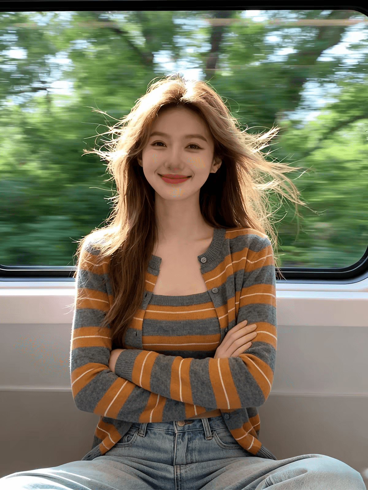 한 부서 주황색 스트라이프 스택 착용 니트 오픈 가디건 여성 조기 가을 디자인 센스 스웨터 코트 외부 가져 가라. 두 조각 스타일 맨위 이미지 4