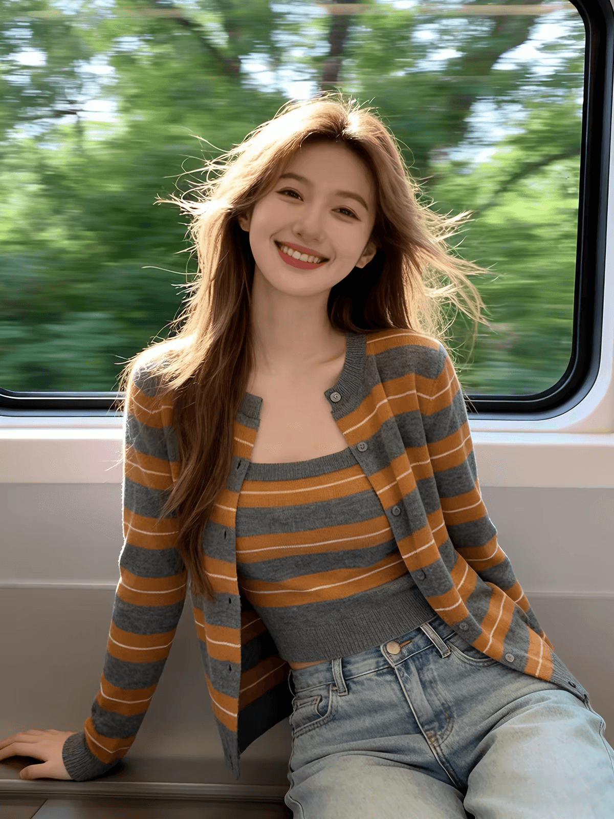 한 부서 주황색 스트라이프 스택 착용 니트 오픈 가디건 여성 조기 가을 디자인 센스 스웨터 코트 외부 가져 가라. 두 조각 스타일 맨위 상세 이미지 2
