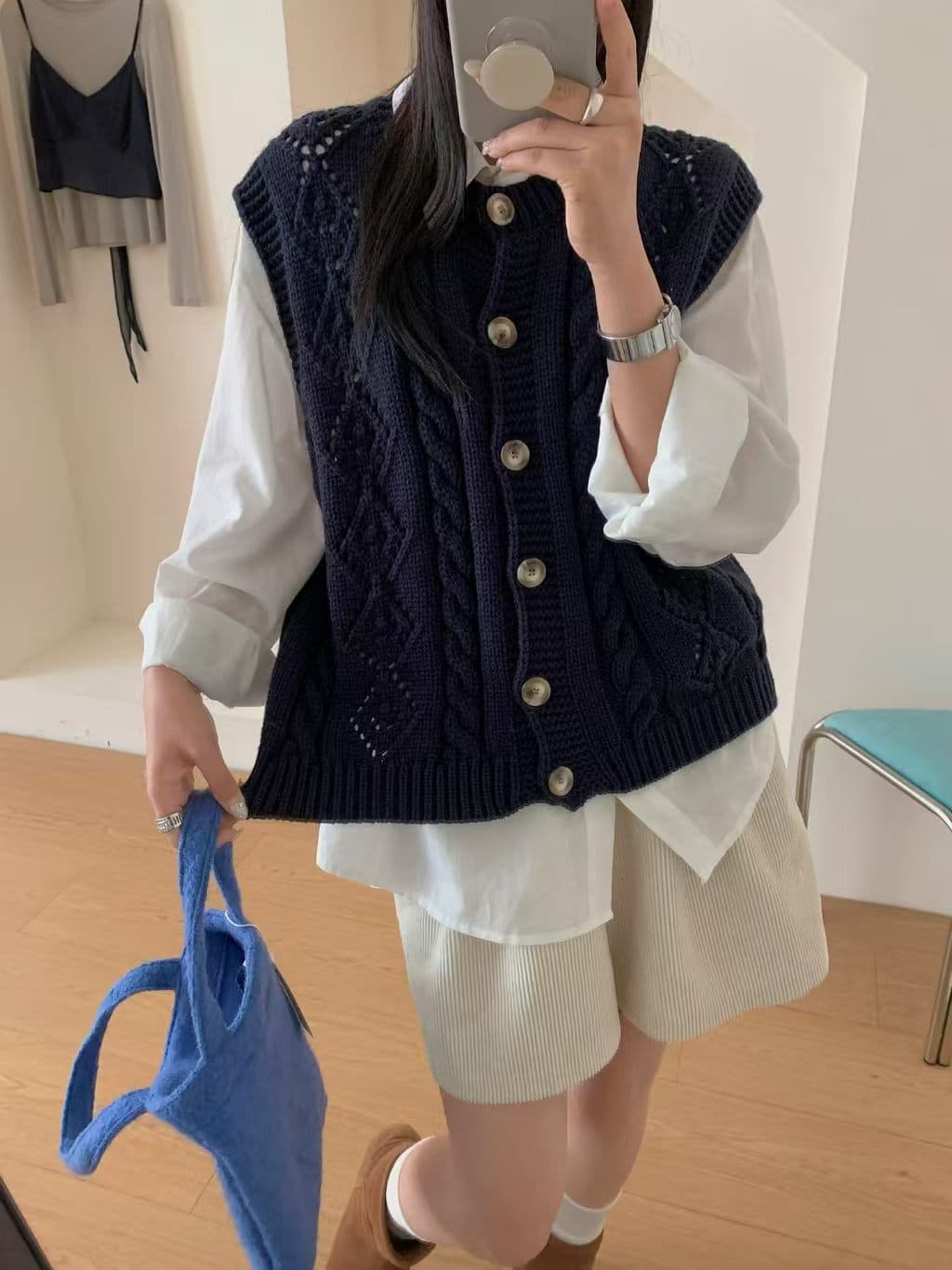 부드러운 찹쌀 느긋한 바람 마 무늬 니트 오픈 가디건 여성 조기 가을 겨울 외부 가져 가라. 루즈핏 스택 착용 민소매 베스트 조끼 맨위 상세 이미지 5