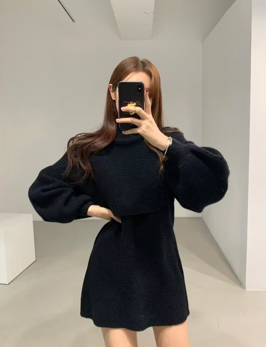 한국 chic 가을 연령 감소 품격 터틀넥 벌룬 소매 니트 스웨터 쇼트 스타일 다용도 점프 슈트 치마 세트 여성 상세 이미지 6