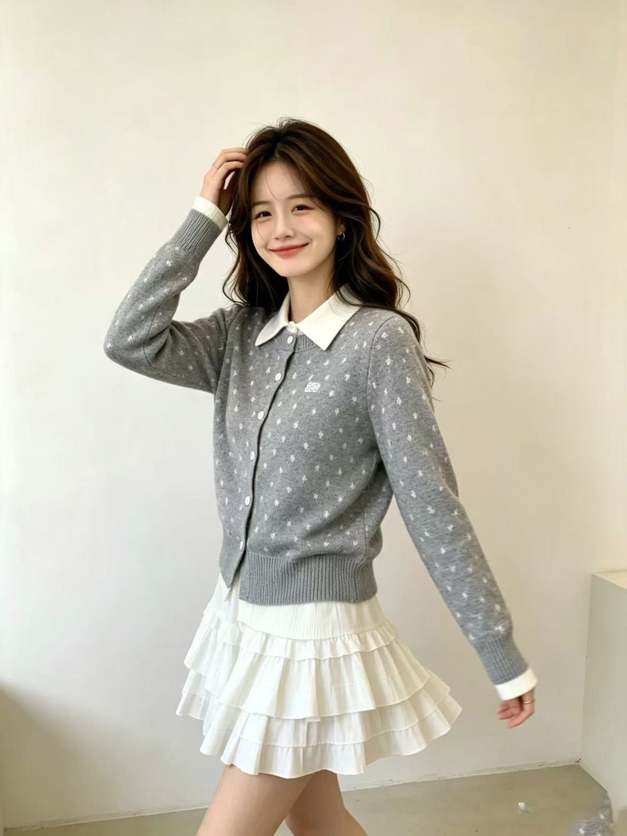 검정색 페이크 레이어드 도트 무늬 POLO 칼라 긴팔 스웨터 니트 스웨터 여성 봄 가을 인사이드 가져 가라. 만나는 카디건 코트 맨위 상세 이미지 3
