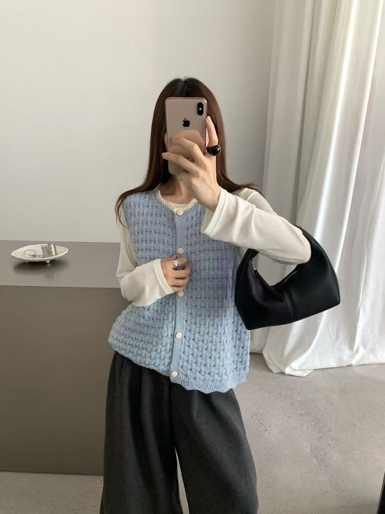 짜임 홀로우 아웃 배색 패키지 버클 레이스 라운드 넥 니트 베스트 조끼 여성 26 가을 연령 감소 민소매 스웨터 코트 상세 이미지 6