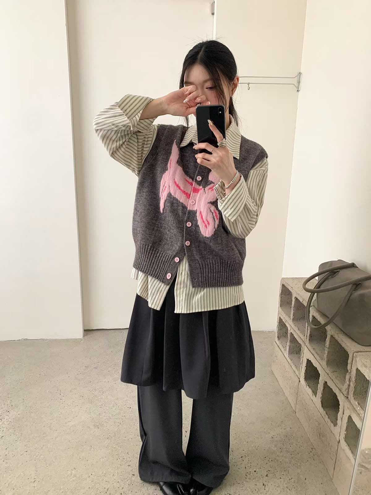 회색 강아지 라운드 넥 니트 오픈 가디건 조끼 스웨터 코트 느긋한 바람 외출용 한 부서 베스트 맨위 작은 키 상세 이미지 2