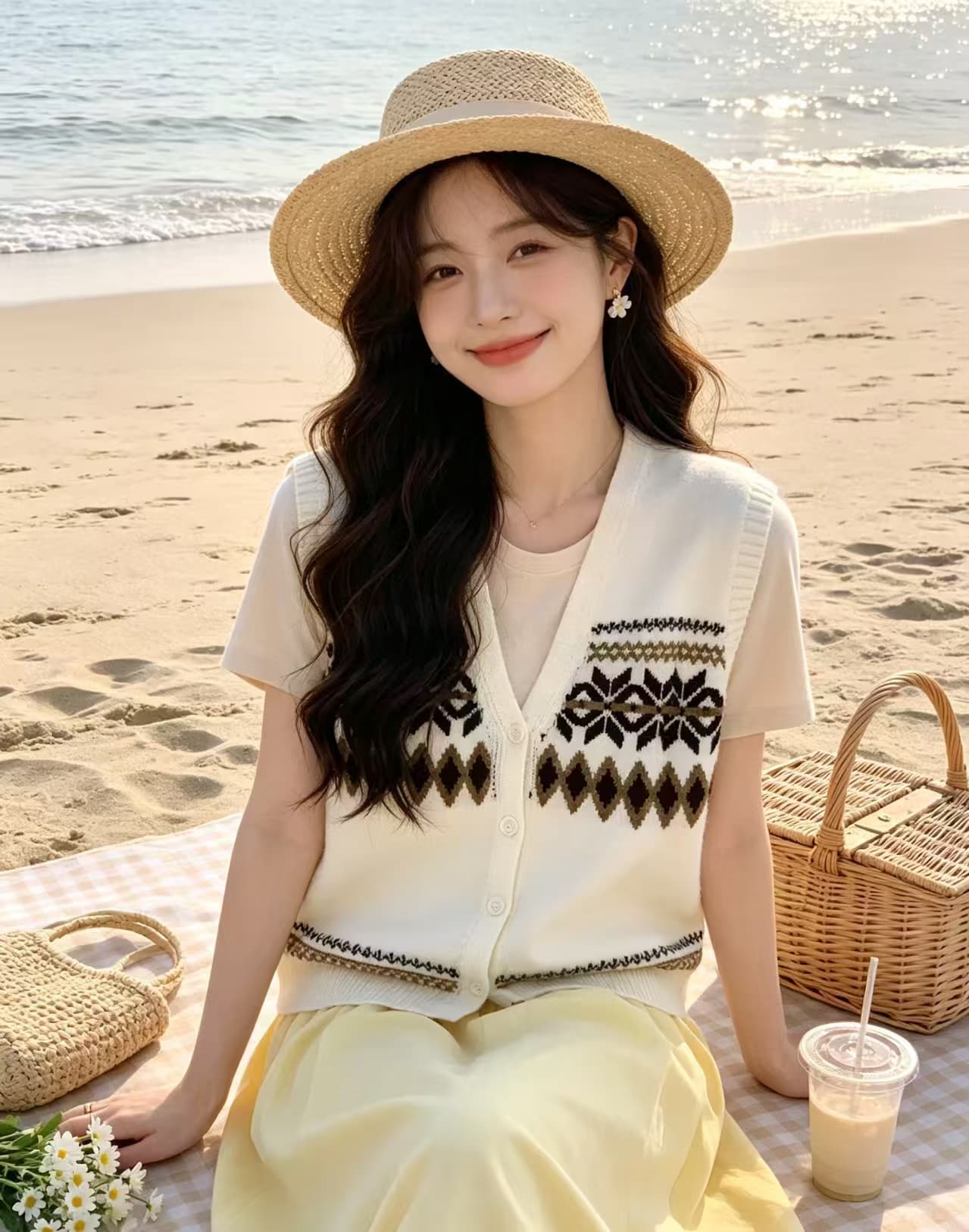 회색 레트로 자카드 니트 조끼 여자 가을 겨울철 외출용 민소매 어깨 조끼 조끼 한 부서 스택 착용 맨위 상세 이미지 6