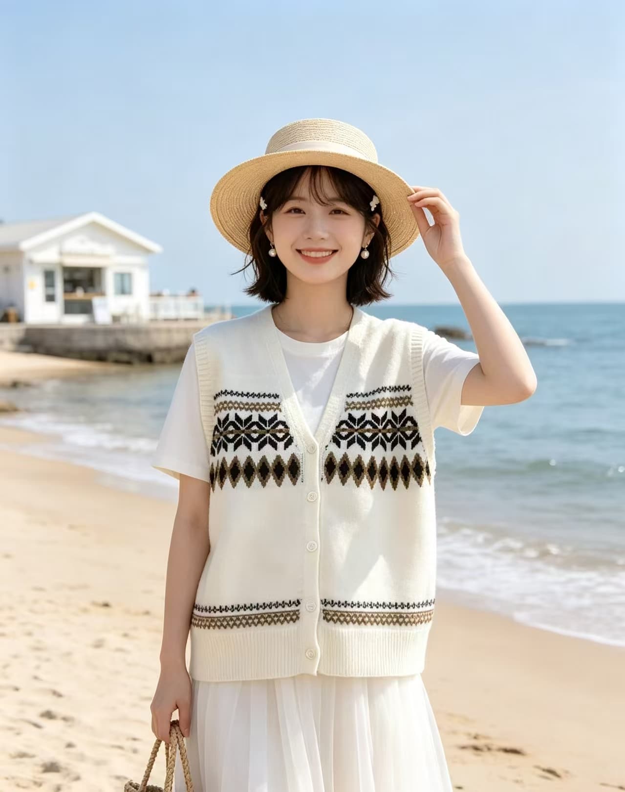 회색 레트로 자카드 니트 조끼 여자 가을 겨울철 외출용 민소매 어깨 조끼 조끼 한 부서 스택 착용 맨위 상세 이미지 7