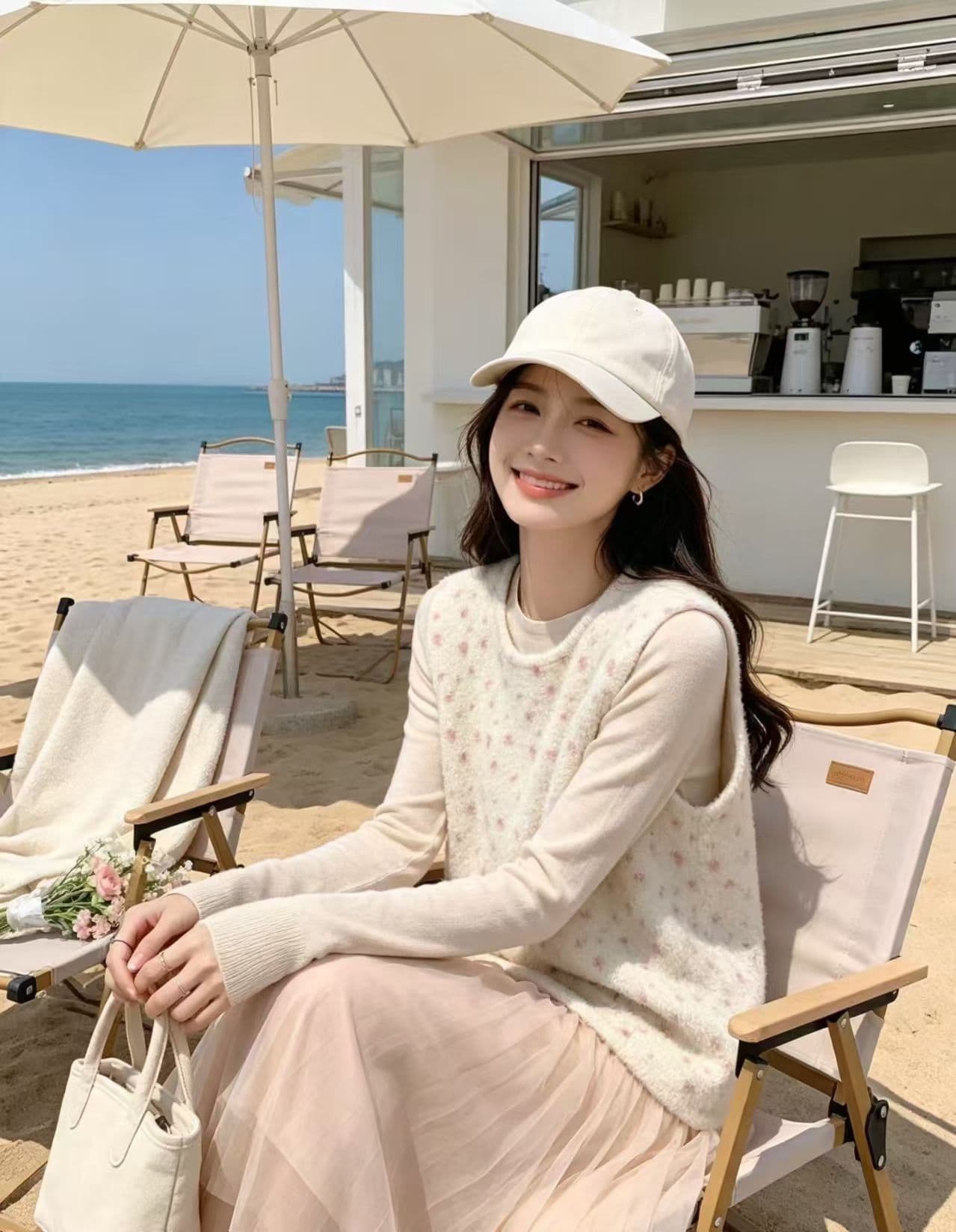 한 부서 달콤함 작은 꽃무늬 니트 조끼 여자 풀오버 루즈핏 봄 스택 착용 민소매 스웨터 조끼 맨위 외부 가져 가라. 상세 이미지 2