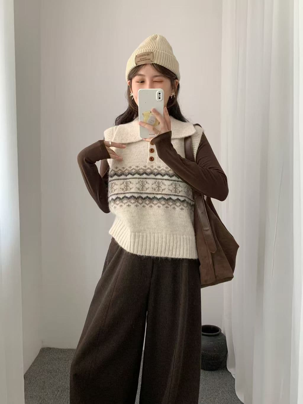 공정한 섬 POLO 칼라 조끼 여자 가을 겨울 2026 가을 새로운 와이드 부드러운 찹쌀 풀오버 니트 스웨터 베스트 맨위 이미지 2