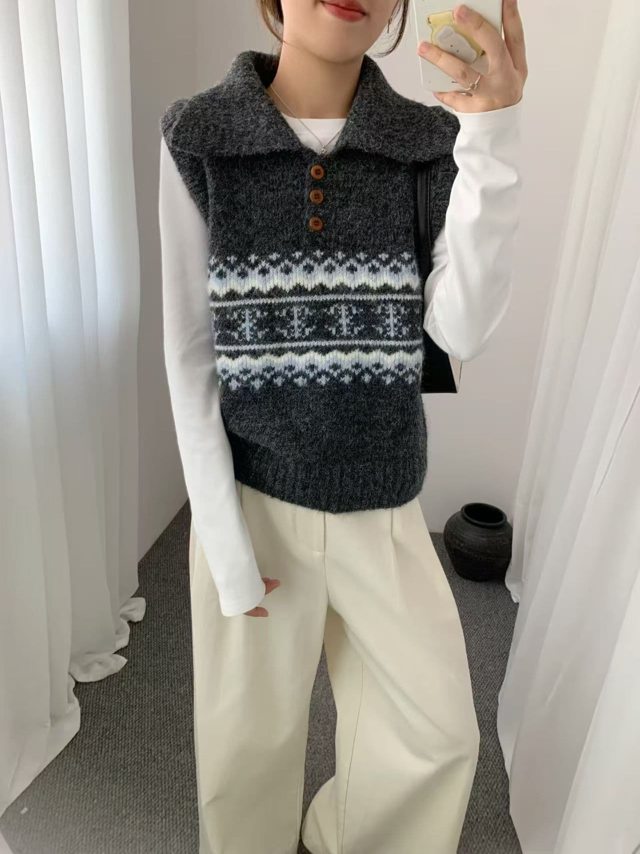 공정한 섬 POLO 칼라 조끼 여자 가을 겨울 2026 가을 새로운 와이드 부드러운 찹쌀 풀오버 니트 스웨터 베스트 맨위 상세 이미지 3