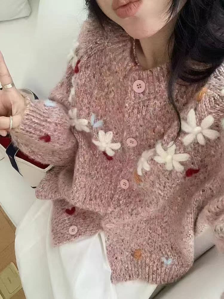 느긋한 바람 자수 라운드 넥 스웨터 오픈 가디건 여성 루즈핏 봄 새로운 외국 가스 일본식 달콤함 외부 가져 가라. 니트 맨위 상세 이미지 2