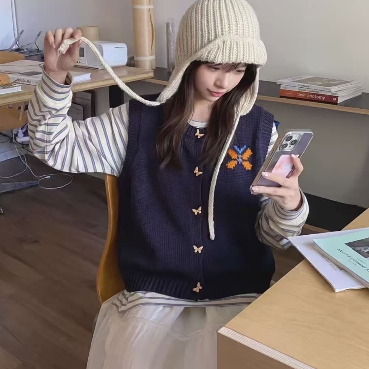 한국 chic 레트로 나비 자수 스웨터 오픈 가디건 여성 여름 새로운 외국 가스 연령 감소 베스트 조끼 맨위 트렌디 상세 이미지 1