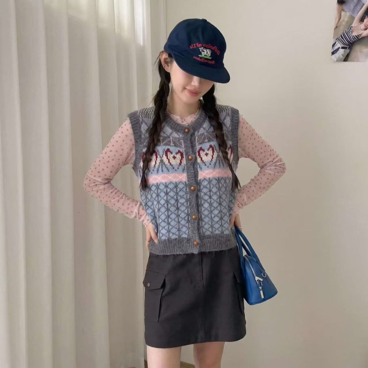 레트로 배색 자카드 V넥 스웨터 베스트 오픈 가디건 여성 루즈핏 봄 가을 겨울 스택 착용 어깨 조끼 맨위 외부 가져 가라. 이미지 4
