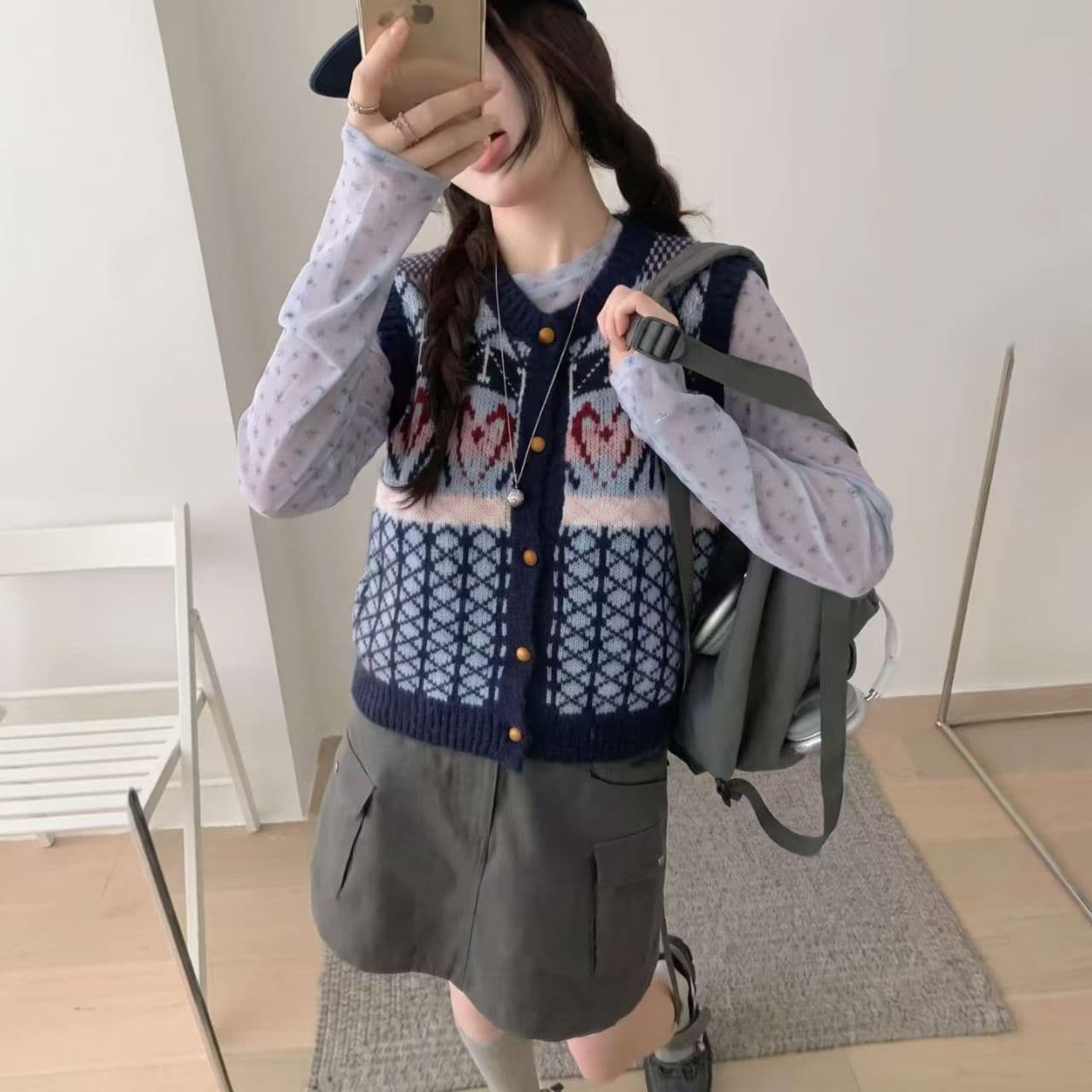 레트로 배색 자카드 V넥 스웨터 베스트 오픈 가디건 여성 루즈핏 봄 가을 겨울 스택 착용 어깨 조끼 맨위 외부 가져 가라. 상세 이미지 7