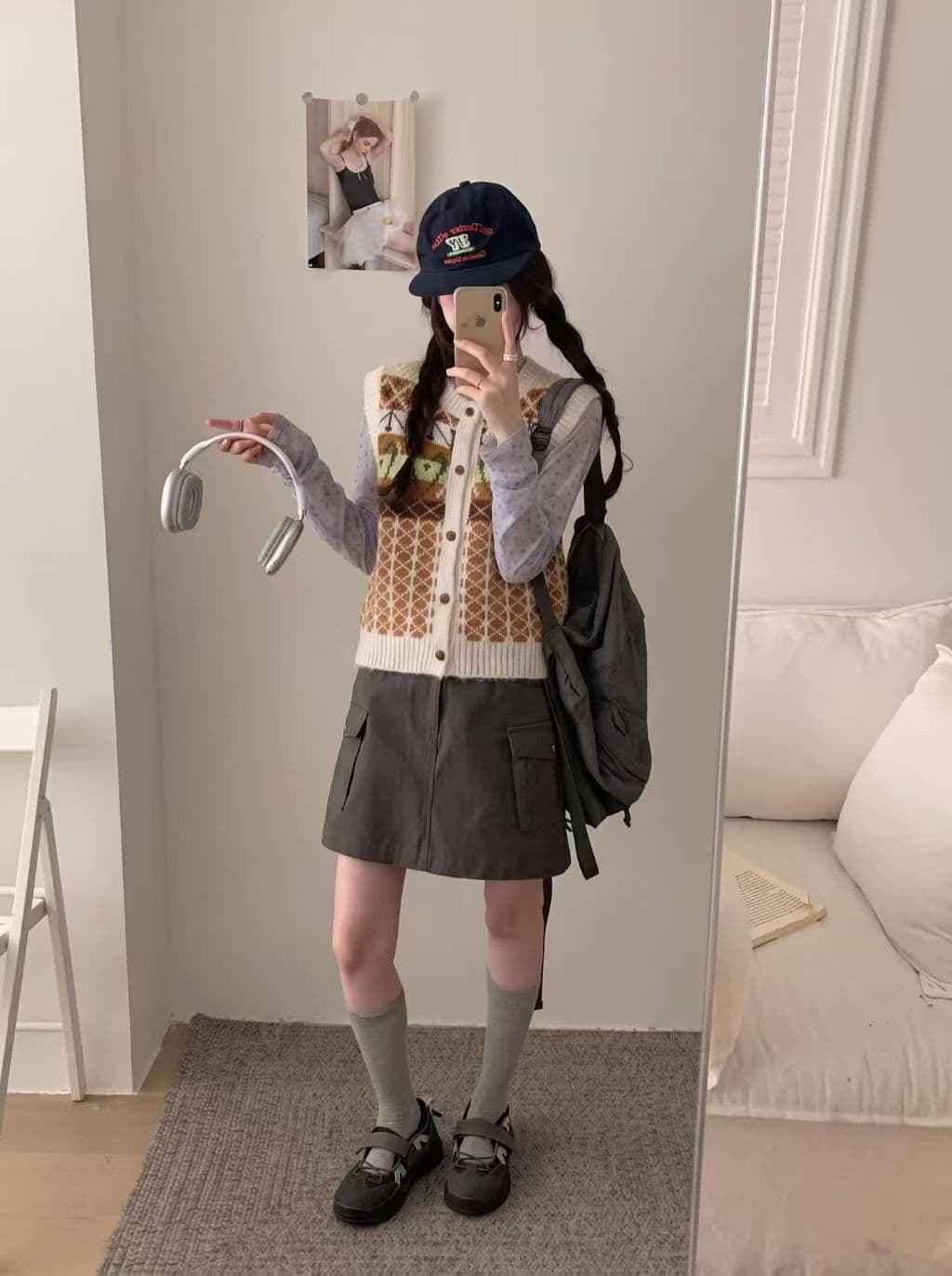 레트로 배색 자카드 V넥 스웨터 베스트 오픈 가디건 여성 루즈핏 봄 가을 겨울 스택 착용 어깨 조끼 맨위 외부 가져 가라. 상세 이미지 10