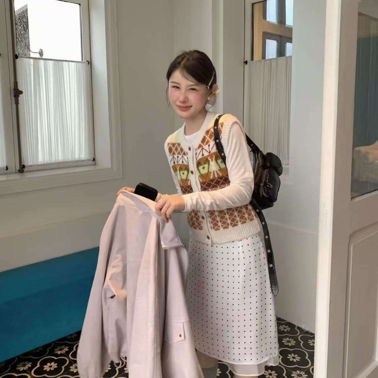 레트로 배색 자카드 V넥 스웨터 베스트 오픈 가디건 여성 루즈핏 봄 가을 겨울 스택 착용 어깨 조끼 맨위 외부 가져 가라. 상세 이미지 11