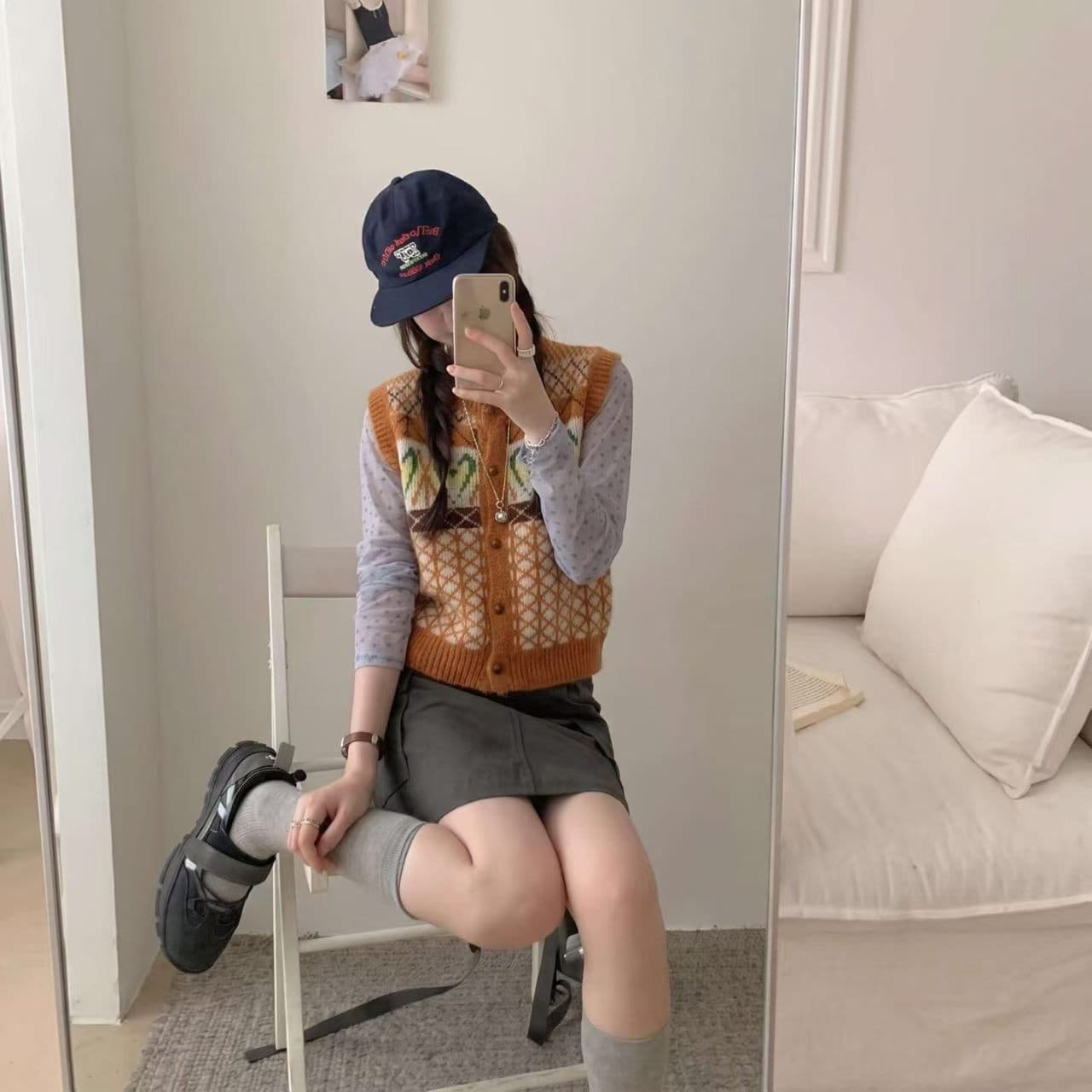 레트로 배색 자카드 V넥 스웨터 베스트 오픈 가디건 여성 루즈핏 봄 가을 겨울 스택 착용 어깨 조끼 맨위 외부 가져 가라. 상세 이미지 13