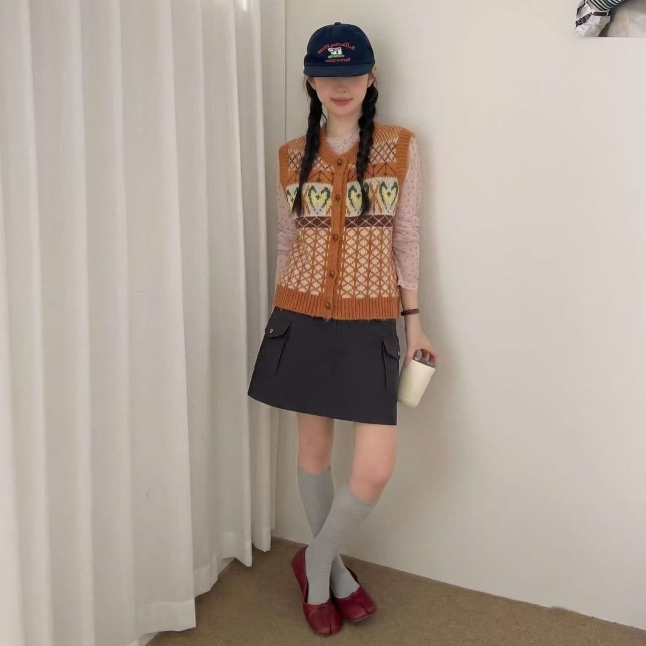 레트로 배색 자카드 V넥 스웨터 베스트 오픈 가디건 여성 루즈핏 봄 가을 겨울 스택 착용 어깨 조끼 맨위 외부 가져 가라. 상세 이미지 15