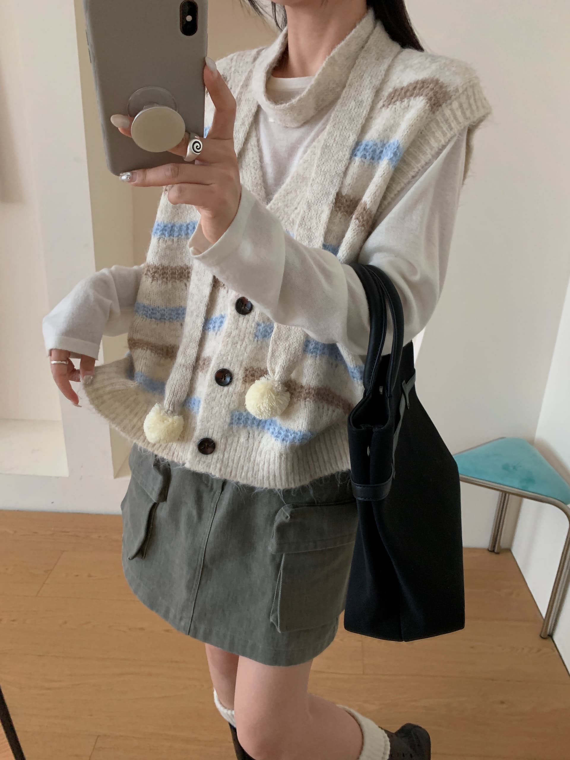 한국 chic 가을 새로운 귀여운 목도리 스트라이프 베스트 오픈 가디건 여성 외국 가스 연령 감소 스택 바늘 짠 셔츠 맨위 상세 이미지 3