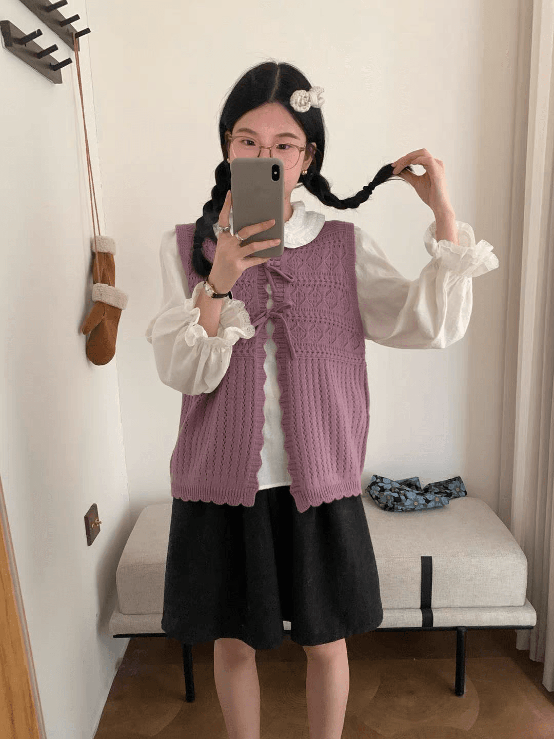 디자인 센스 레이스 라운드 넥 레이스업 오픈 가디건 니트 조끼 여자 가을 루즈핏 스택 착용 스웨터 조끼 어깨 맨위 상세 이미지 5