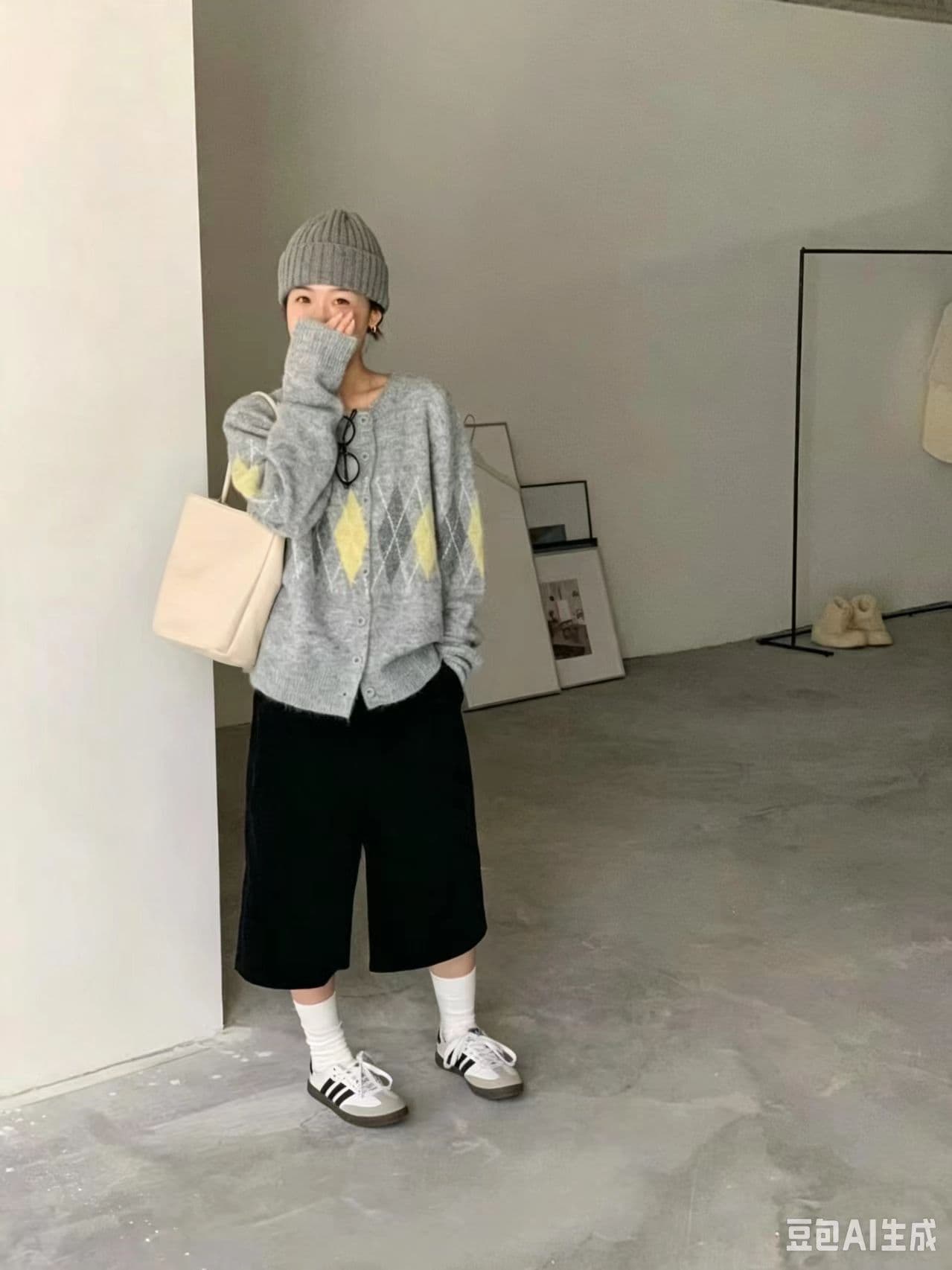 레트로 라운드 넥 배색 링 그리드 고급 센스 긴팔 니트 오픈 가디건 패션 미니멀리즘 몸매 가꾸기 단일 행 버클 업 외투 상세 이미지 4