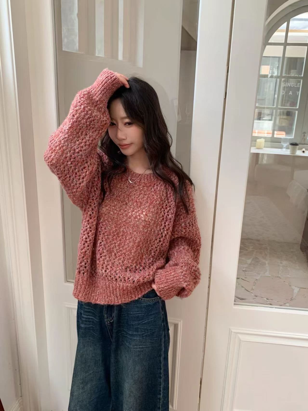 별빛 팬시 실 새기다 빈 어깨 라운드 넥 니트 스웨터 질감 센스 루즈핏 빨간색 스웨터 여자 겨울 상세 이미지 1