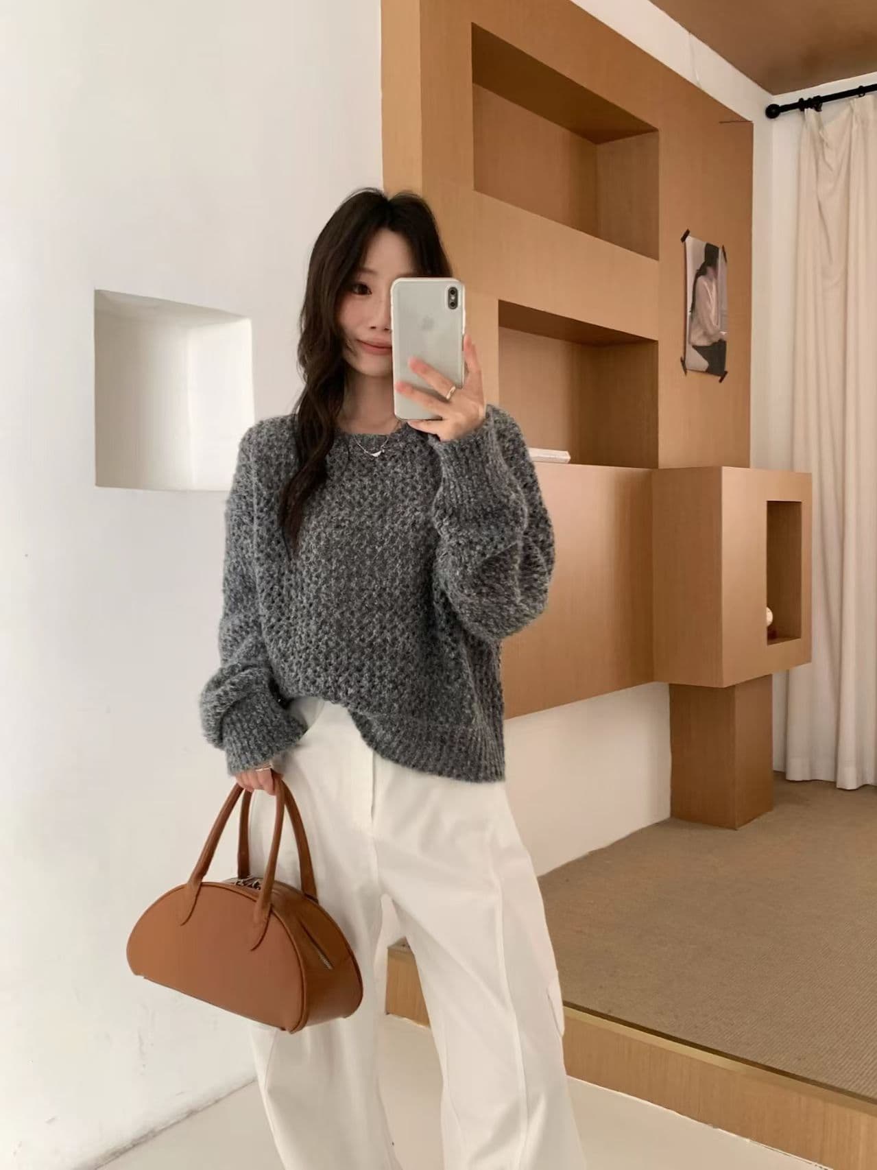 별빛 팬시 실 새기다 빈 어깨 라운드 넥 니트 스웨터 질감 센스 루즈핏 빨간색 스웨터 여자 겨울 상세 이미지 13
