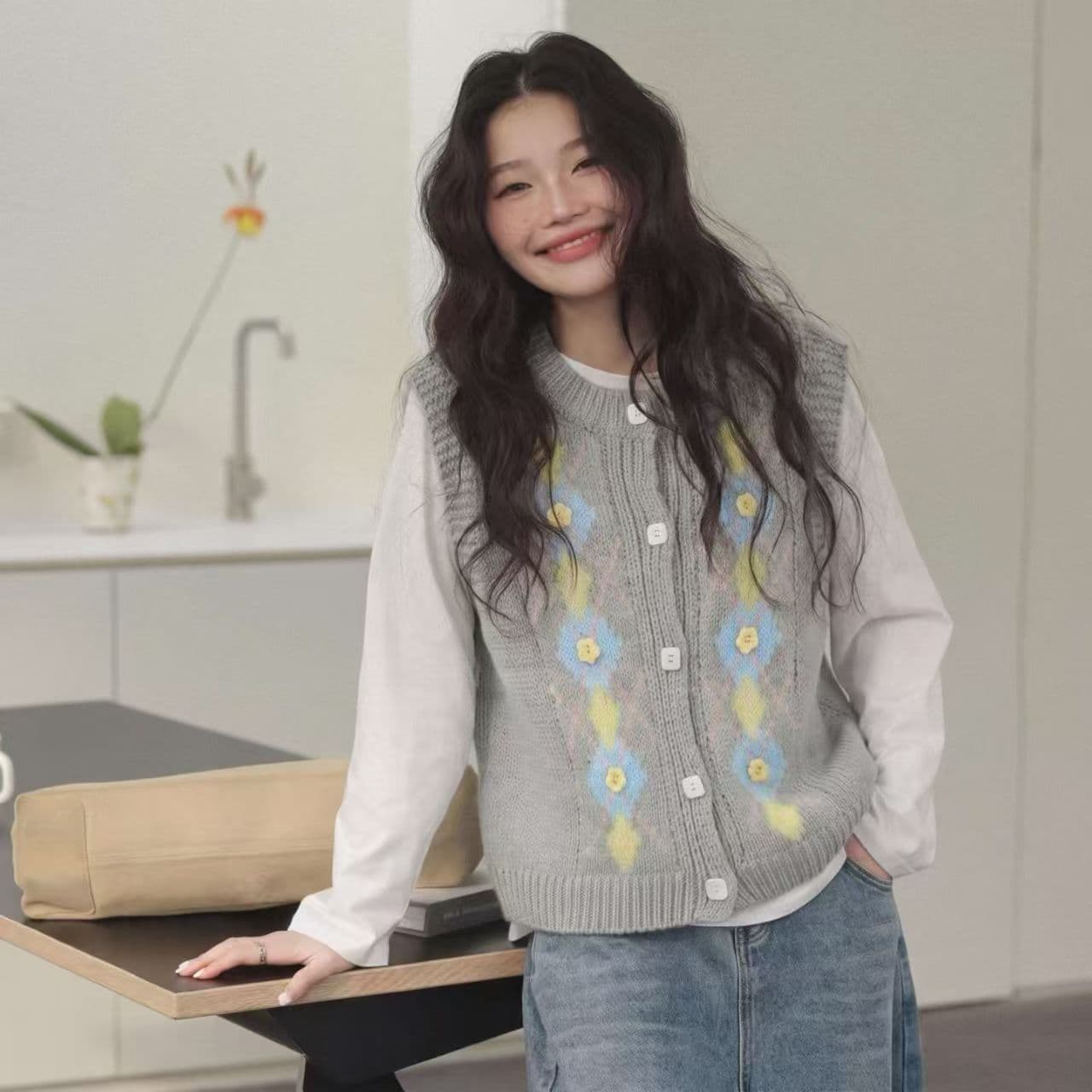 작은 대중 Chic 꽃 자카드 니트 오픈 가디건 조끼 여자 패션 품격 부드러운 스택 착용 조끼 맨위 이미지 3