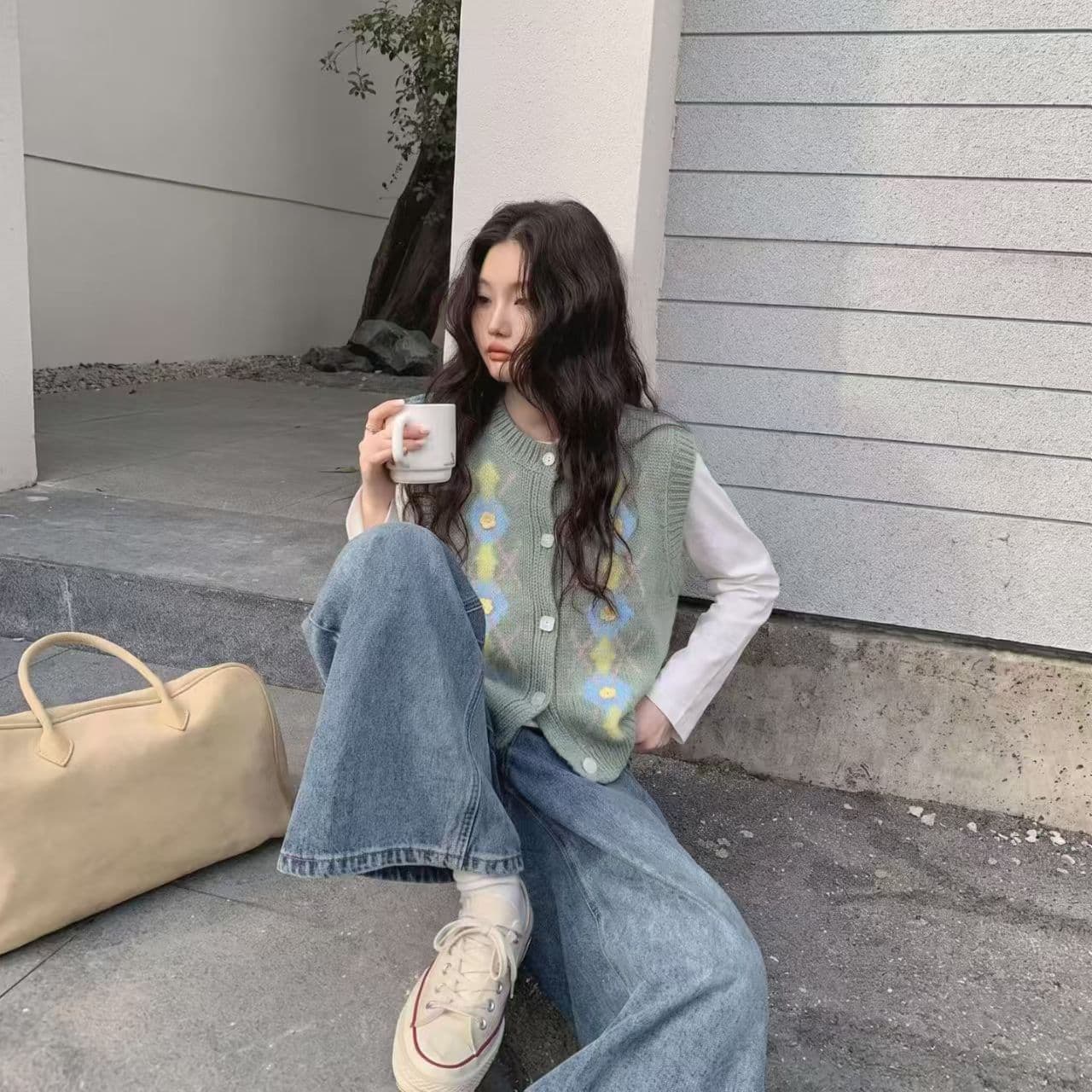 작은 대중 Chic 꽃 자카드 니트 오픈 가디건 조끼 여자 패션 품격 부드러운 스택 착용 조끼 맨위 상세 이미지 2