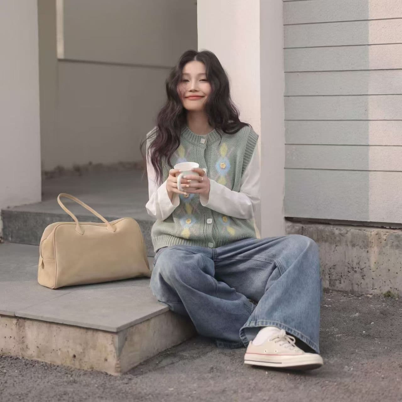 작은 대중 Chic 꽃 자카드 니트 오픈 가디건 조끼 여자 패션 품격 부드러운 스택 착용 조끼 맨위 상세 이미지 3