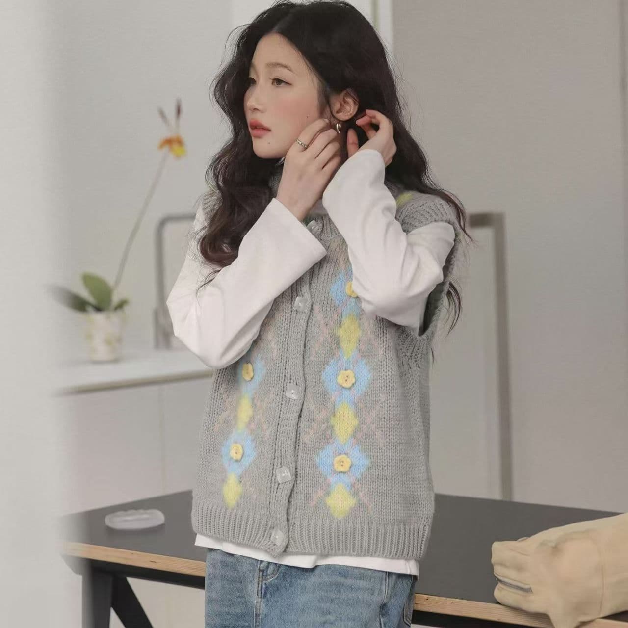 작은 대중 Chic 꽃 자카드 니트 오픈 가디건 조끼 여자 패션 품격 부드러운 스택 착용 조끼 맨위 상세 이미지 4